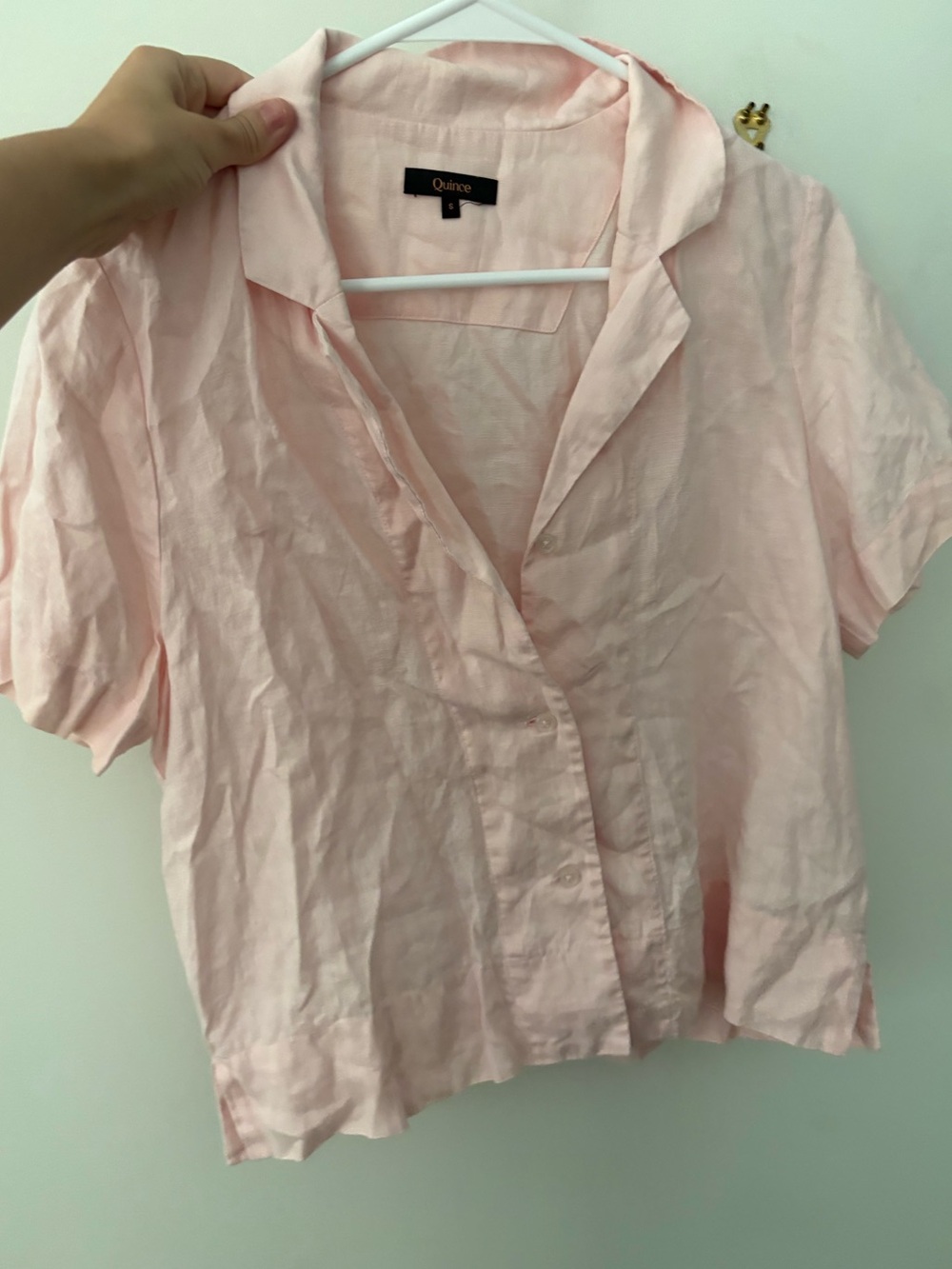 Quince linen popover button up pink top small